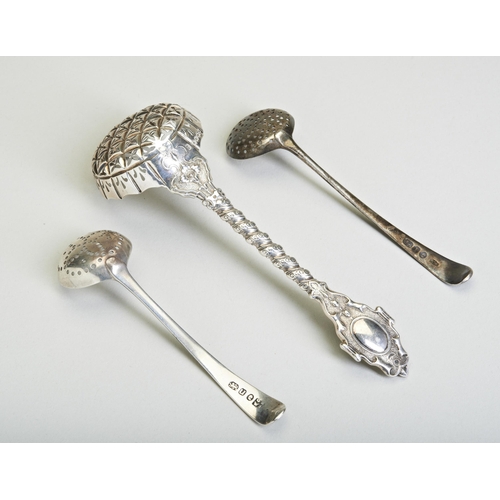 109 - A SUGAR SIFTER LADLE, LONDON 1868. Made by Francis Higgins. Together with two Old English Pattern sm... 