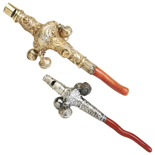 111 - A SILVER GILT BABY'S RATTLE, LONDON 1857. A heavy embossed rattle with a red coral teether together ... 