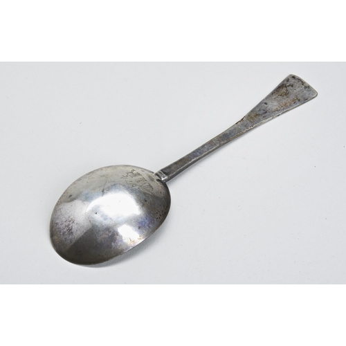 56 - A LATE 17TH CENTURY BARNSTAPLE DIE-STRUCK SPOON. Prick engraved 'MR 1674'. Marked with a cinqfoil ro... 