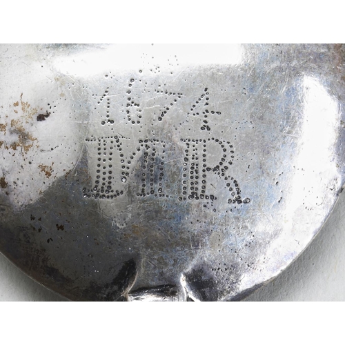 56 - A LATE 17TH CENTURY BARNSTAPLE DIE-STRUCK SPOON. Prick engraved 'MR 1674'. Marked with a cinqfoil ro... 