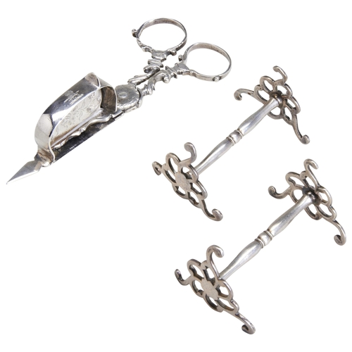 80 - A PAIR OF SCISSOR ACTION CANDLE SNUFFERS, LONDON C.1760. Together with a pair of knife rests, London... 