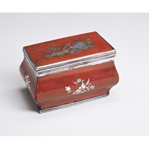 17 - A SILVER MOUNTED AND GOLD INLAID LACQUER BOX, FRENCH MID 18TH C. The lid and sides inlaid with three... 