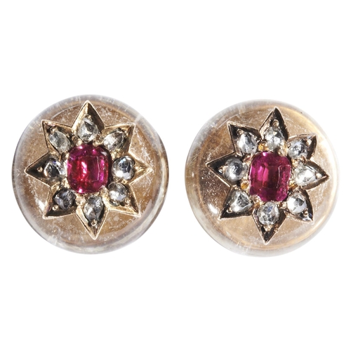 341 - A PAIR OF RUBY, DIAMOND AND ROCK CRYSTAL EARRINGS, CIRCA 1880each cushion-cut ruby set with in a dia... 