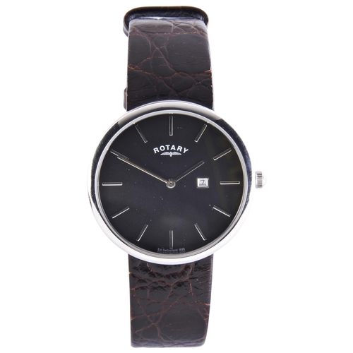 381 - A SILVER QUARTZ WRISTWATCH BY ROTARY, signed black dial with date aperture, on leather strap with Ro... 