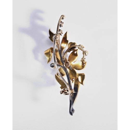 233 - A VICTORIAN PEARL AND DIAMOND FLOWER BROOCH, CIRCA 1880of spray design set throughout with old brill... 