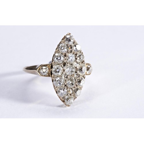 255 - A VICTORIAN MARQUISE DIAMOND CLUSTER RING, CIRCA 1880set with fifteen old brilliant-cut diamonds, ab... 