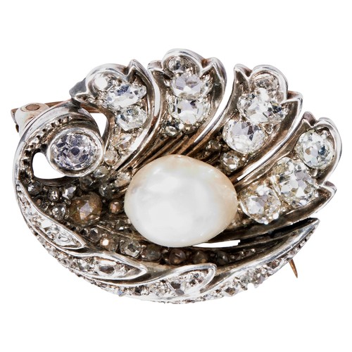 234 - A MID VICTORIAN DIAMOND AND BAROQUE PEARL BROOCH, CIRCA 1860the baroque pearl nestled within a mount... 