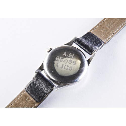 383 - OMEGA: A STEEL WWII PILOTS WRISTWATCH, signed silvered dial, centre seconds, signed 16 jewel movemen... 