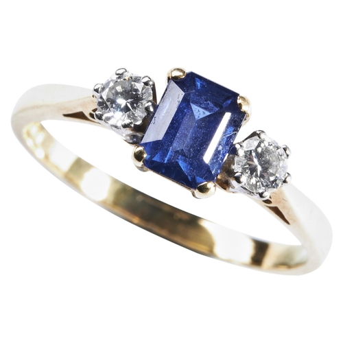 344 - A SAPPHIRE AND DIAMOND RINGthe emerald-cut sapphire four claw set between brilliant-cut diamonds. Ha... 