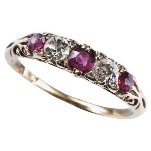 340 - A RUBY AND DIAMOND RING, CIRCA 1900the three circular mixed-cut rubies and two old brilliant-cut dia... 