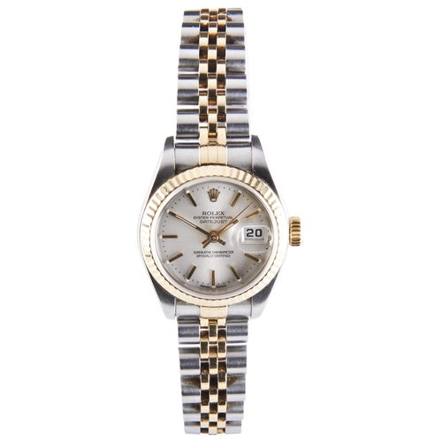 384 - ROLEX: A GOLD AND STEEL OYSTER PERPETUAL LADY-DATEJUST; Ref 79173 no. P823xxx, signed silvered dial ... 