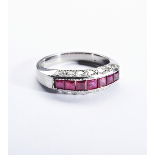 351 - RUBY AND DIAMOND HALF HOOP ETERNITY RINGthe seven square-cut rubies channel set with seven brilliant... 