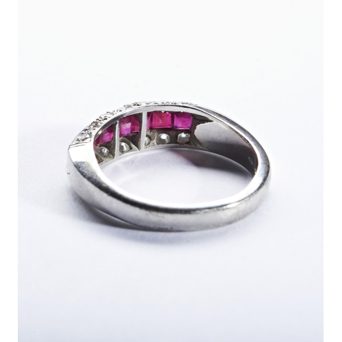 351 - RUBY AND DIAMOND HALF HOOP ETERNITY RINGthe seven square-cut rubies channel set with seven brilliant... 