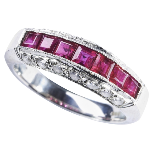 351 - RUBY AND DIAMOND HALF HOOP ETERNITY RINGthe seven square-cut rubies channel set with seven brilliant... 