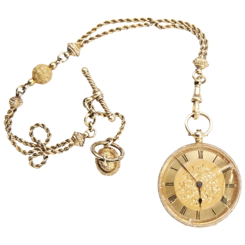 374 - A SWISS 18CT GOLD LADIES FOB WATCH, lever movement gilt dial in a foliate engraved case 35mm, with a... 