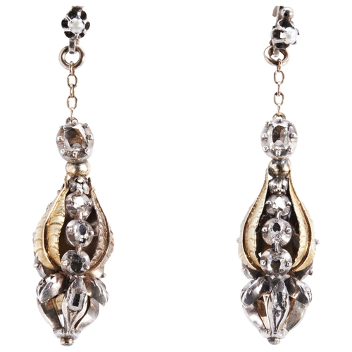 224 - A PAIR OF GEORGIAN GOLD AND DIAMOND EARRINGS, CIRCA 1790of pod design with gold leaf detail and rose... 