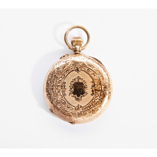 375 - A SWISS 14K GOLD KEYLESS CYLINDER FOB WATCH, gilt dial, in a florally engraved case, 33mm.