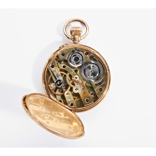 375 - A SWISS 14K GOLD KEYLESS CYLINDER FOB WATCH, gilt dial, in a florally engraved case, 33mm.