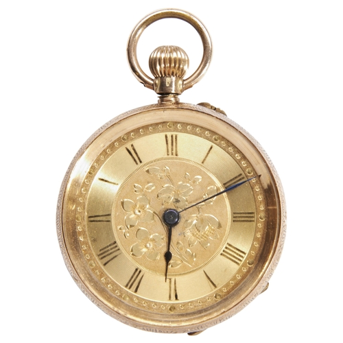 375 - A SWISS 14K GOLD KEYLESS CYLINDER FOB WATCH, gilt dial, in a florally engraved case, 33mm.