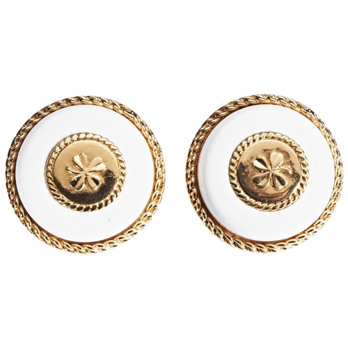 305 - A PAIR OF CHANEL EARRINGSeach circular earring set with an embossed four leaf clover plaque above a ... 