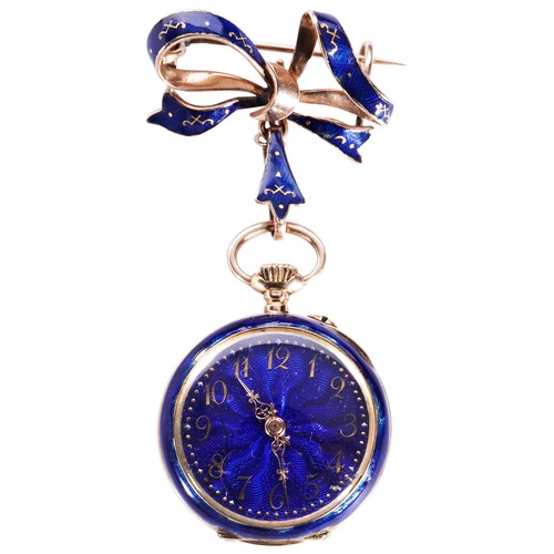 373 - A SWISS 14CT GOLD AND ENAMEL LADIES FOB WATCH, keyless cylinder movement, dark blue translucent enam... 