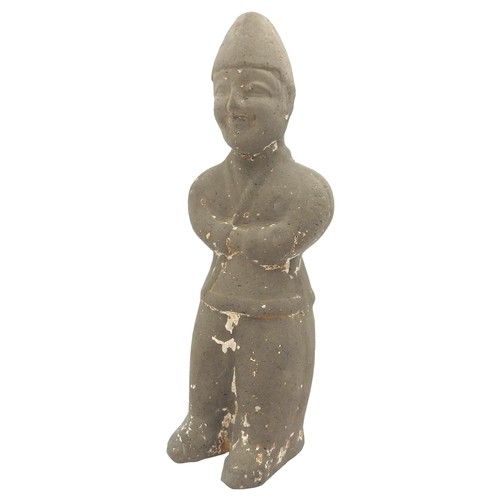 155 - A PAINTED POTTERY TOMB FIGURE, HAN DYNASTY, of Tang attendant, grey painted finish23 cm high