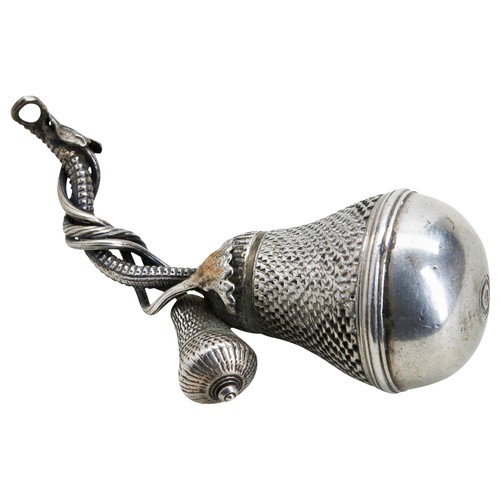 13 - AN ENGINE TURNED POMANDER, GERMAN C.1770. Cast as a stylised pear with a screw cap to the pierced bo... 