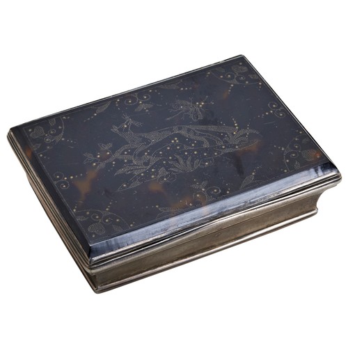 128 - AN OBLONG SILVER MOUNTED TORTOISE SHELL BOX, LONDON C.1740 With a pique work scene of a fox to the l... 