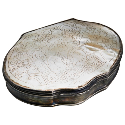 130 - A SILVER MOUNTED ESCUTCHEON SHAPE MOTHER OF PEARL BOX, C.1750. Engraved decoration to the lid and a ... 