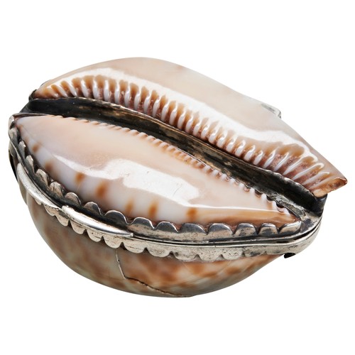 131 - AN UNUSUALLY SMALL SILVER MOUNTED COWRIE SHELL SNUFF BOX, C.1780 Engraved to the inside 