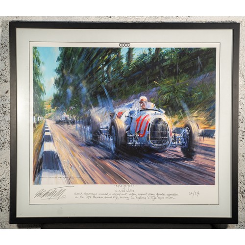 345 - ROSEMEYER BY NICHOLAS WATTS Magnificent glazed and framed print of Bernd Rosemeyer securing a memora... 