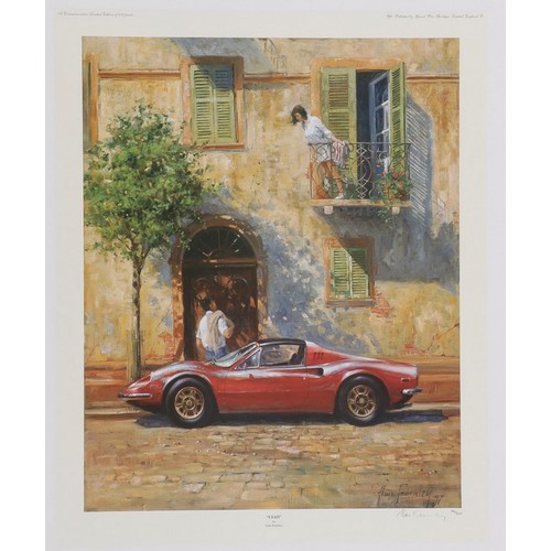 356 - DINO GTS 'CIAO' BY ALAN FEARNLEYA limited edition Alan Fearnley print showing a couple and a Ferrari... 