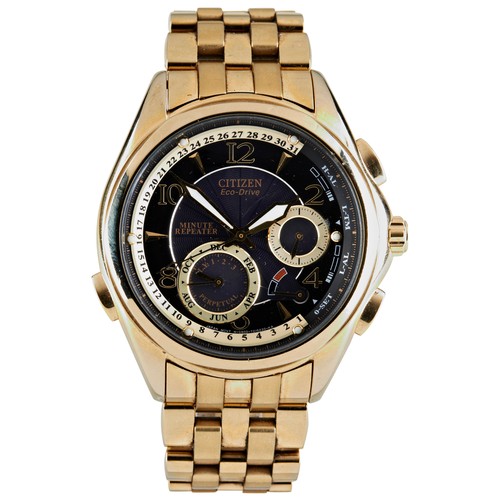 389 - CITIZEN: A GOLD PLATED AND STEEL MINUTE REPEATING ECO-DRIVE WRISTWATCHblack dial with perpetual cale... 