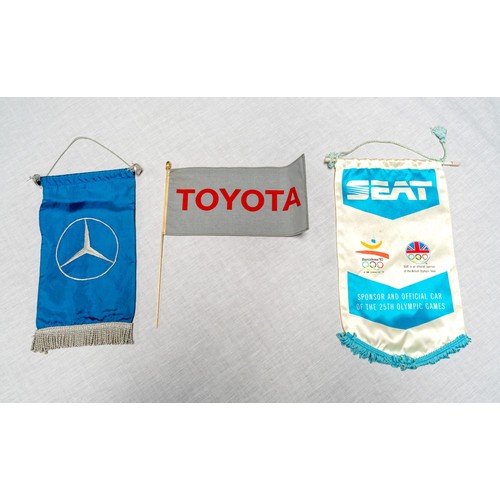 328 - VEHICLE PENNANTS Toyota horizontal flag, SEAT sponsorship pennant from 1992 Barcelona Olympics, Merc... 