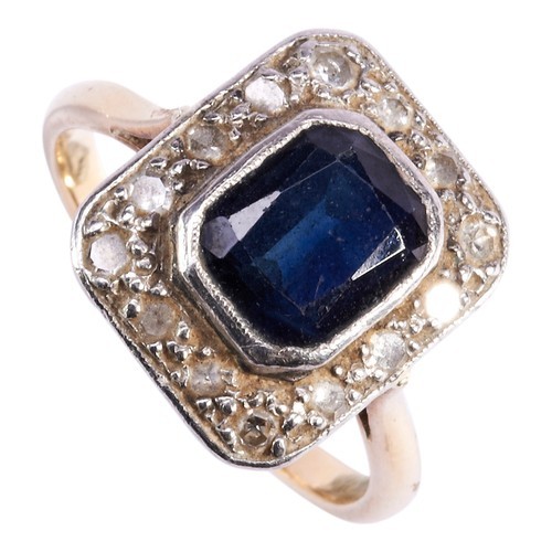 285 - A SAPPHIRE AND DIAMOND PLAQUE RING, CIRCA 1940the cushion-cut sapphire collet set within a diamond s... 