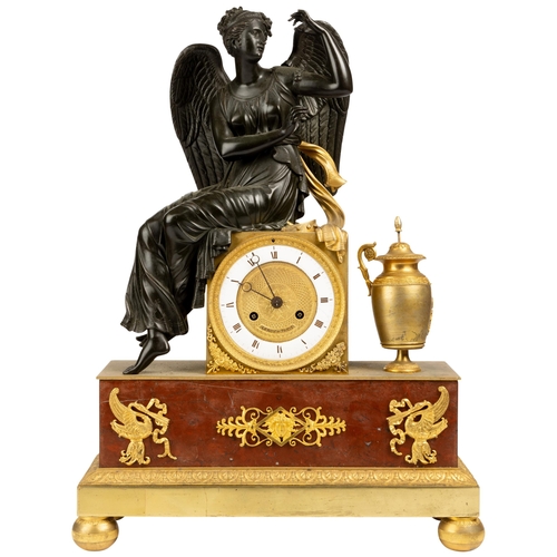 205 - A FRENCH BRONZE AND ORMOLU MANTLE CLOCK. Silk suspension movement, with machined gilt dial and ename... 