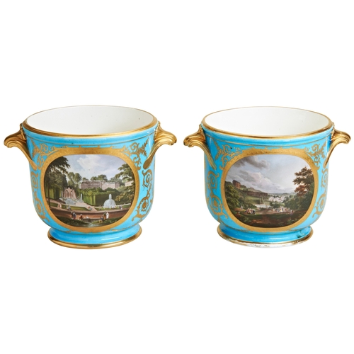 711 - A PAIR OF SEVRES CACHEPOTS, the sides decorated with reserved scenes of livestock and country estate... 