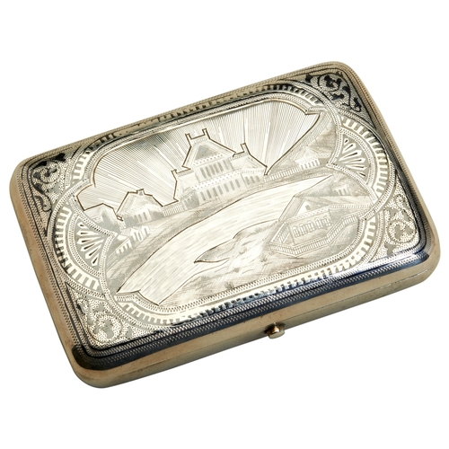 776 - A RUSSIAN SILVER CIGAR BOX, LATE 19TH CENTURY, decorated with niello enamel depicting a scene of bui... 