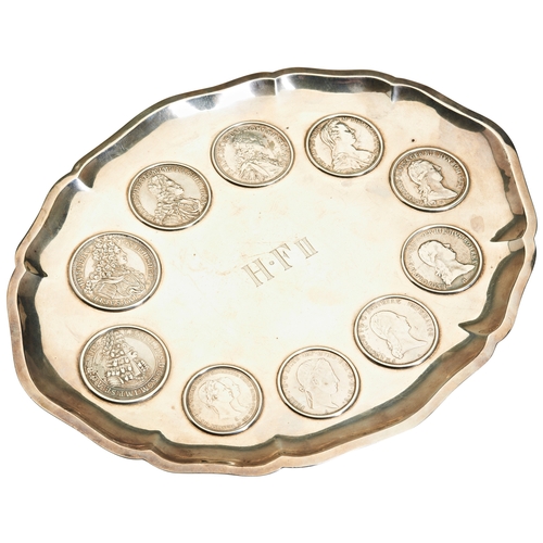 782 - AUSTRIAN SILVER PRESENTATION TRAY INSET WITH COINS monogrammed HF II612g 29.5cm x 23cmProvenance: Fr... 