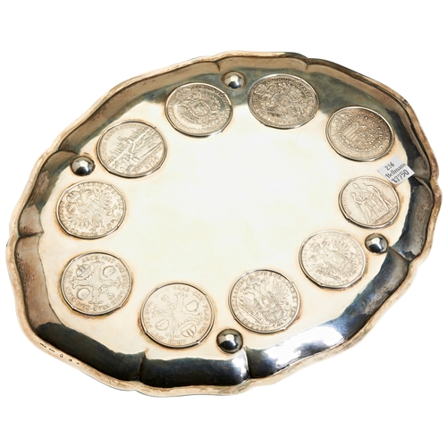 782 - AUSTRIAN SILVER PRESENTATION TRAY INSET WITH COINS monogrammed HF II612g 29.5cm x 23cmProvenance: Fr... 