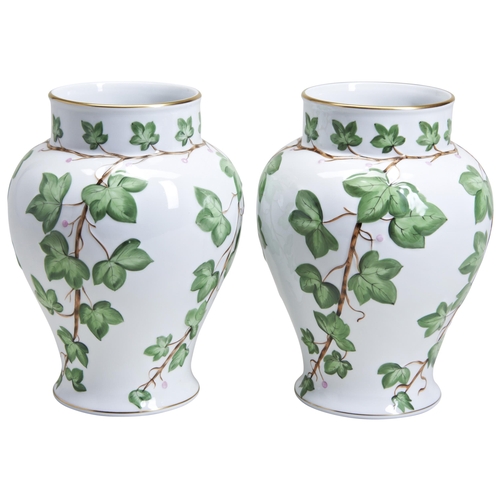 716 - A PAIR OF HEREND IVY DECORATED BALUSTER VASES, with gilded rims and underglaze factory marks to the ... 