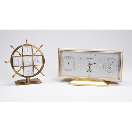 709 - AN ANGELUS DESK CLOCK/BAROMETER, modelled as a ship's wheel, together with a  vintage Ergas desk clo... 