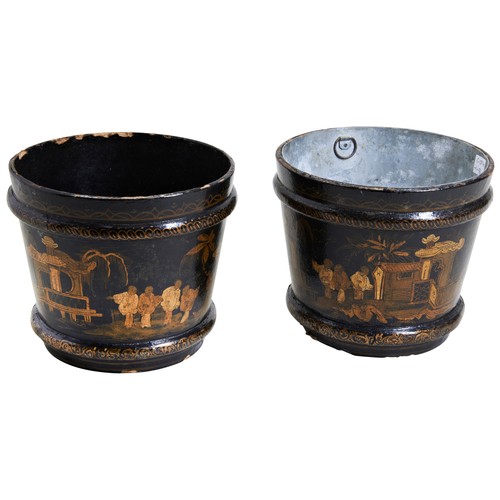 590 - A PAIR BLACK JAPANNED LACQUERED PLANTERS, tapering barrel form, the sides with chinoserie decoration... 