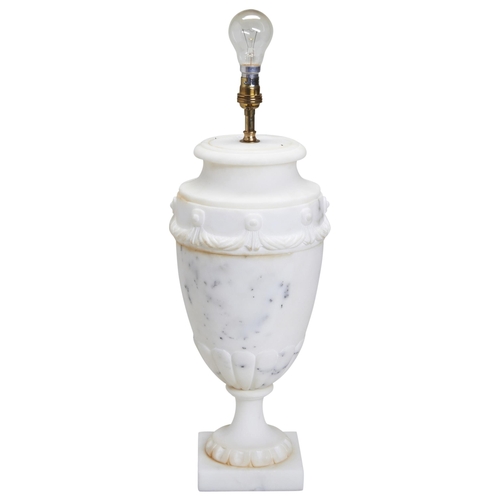 619 - A LARGE ALABASTER AMPHORA FORM TABLE LAMP, with tied swag decoration, raised on a socle base43 cm hi... 