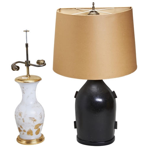 620 - FLATBACKED LEATHER WINE FLASK SHAPED TABLE LAMP WITH SMALLER WHITE GLASS LAMPProvenance: From The Pr... 