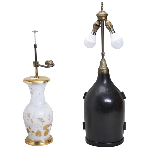 620 - FLATBACKED LEATHER WINE FLASK SHAPED TABLE LAMP WITH SMALLER WHITE GLASS LAMPProvenance: From The Pr... 