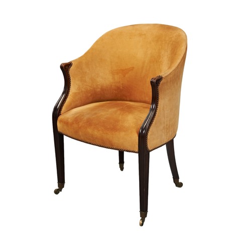 483 - GOLD SUEDE UPHOLSTERED SCROLL ARM TUB CHAIR, raised on tapered chamfered square legs terminating in ... 