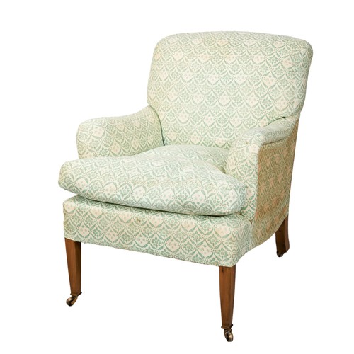 485 - A LENYGON AND MORANT HOWARD & SON ARMCHAIR covered in original fabric bearing the monogram H&... 