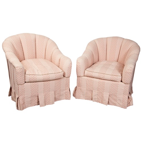 492 - A PAIR OF SHELL BACK DECO TUB CHAIRS, 20TH CENTURY covered in salmon gingham stripe material 84cm x ... 