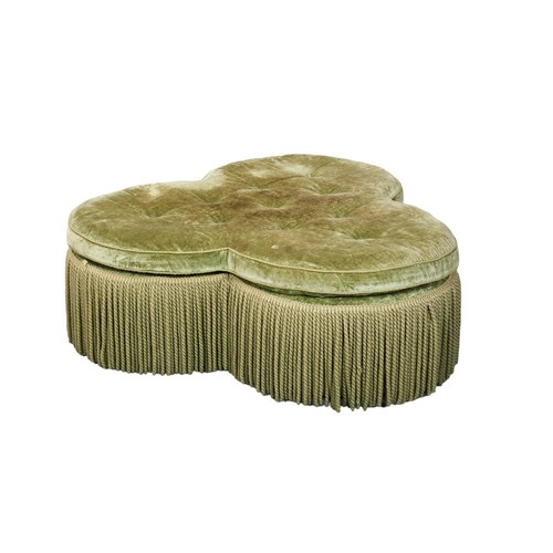 495 - A TREFOIL FORM PADDED CENTRE STOOL, LATE 20TH CENTURY, covered in a sage green with a buttoned seat ... 